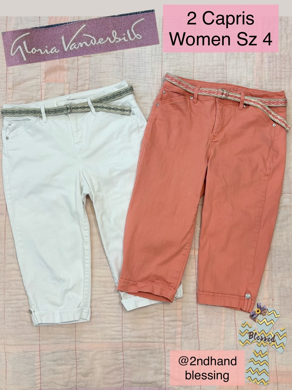 2 Pair Gloria Vanderbilt Belted Skimmer Capri Jeans Slimming Sz 4, White & Coral